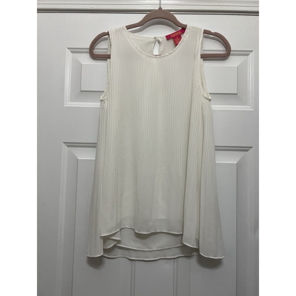 Catherine Managrino Halter Tank Pleated Sheer Overlay XS Flowy Tunic Boho Ivory